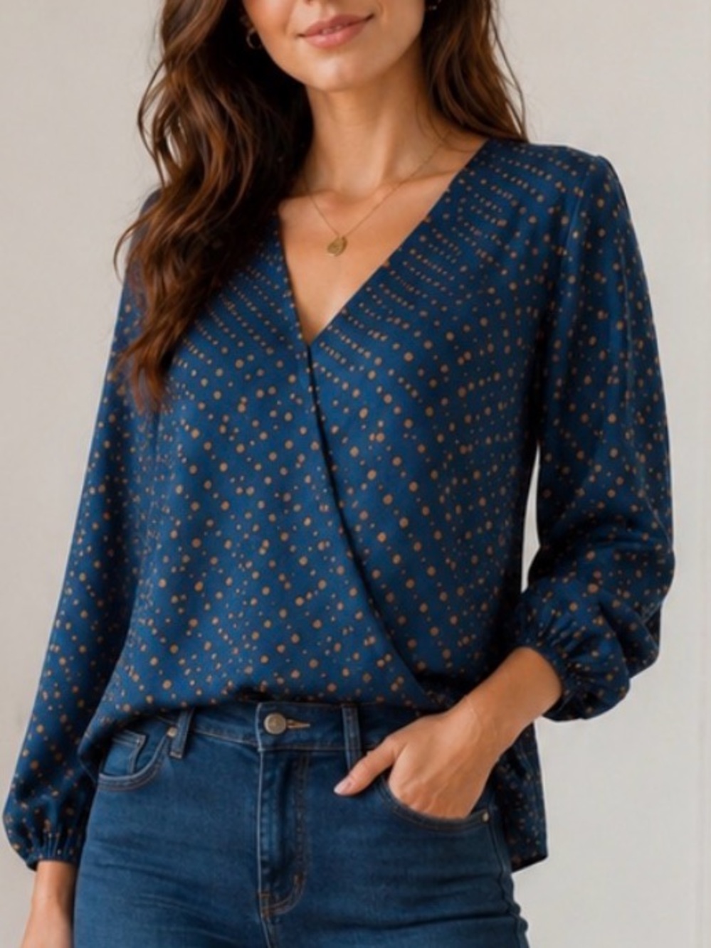 West Kei Navy Blouse with Brown Polka Dots
